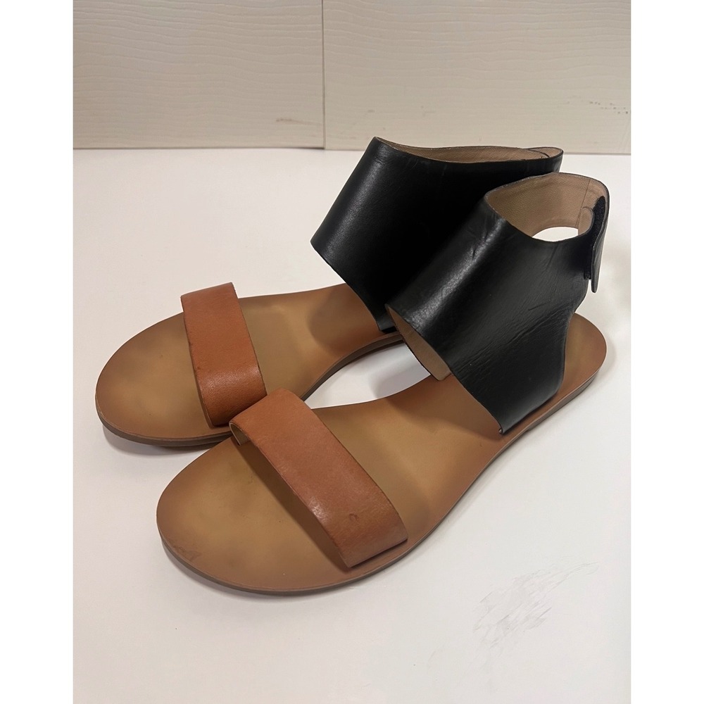 Lucky Brand Womens Two Tone Leather Flat Sandals Black Tan Ankle Cuff Strap